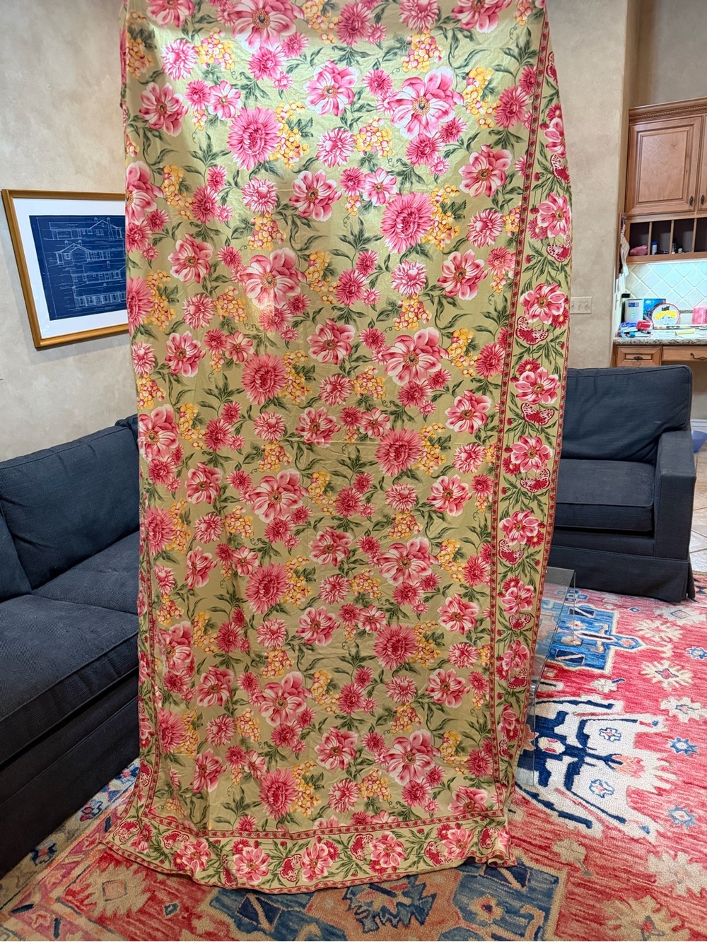 April Cornell Pink Floral 5x8 tablecloth on Green Ground nwot India cotton